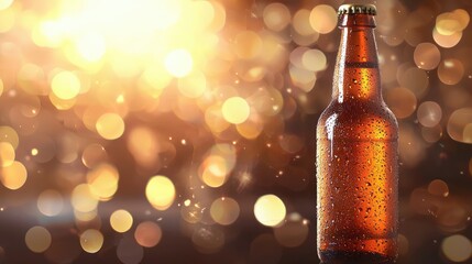 A beer bottle with golden light flares and blurred background