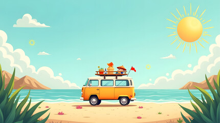 A charming vintage van resting gracefully on a golden sandy beach under a broad, clear blue sky. The van’s distinctive orange and white design exudes a retro allure that instantly transports