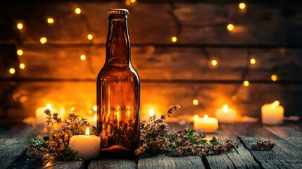 A beer bottle with soft candlelight and dried herbs in the background