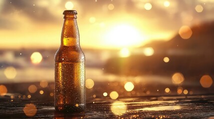 A beer bottle with golden light flares and blurred background