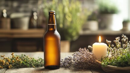 A beer bottle with soft candlelight and dried herbs in the background