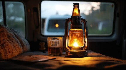 A beer bottle with vintage lantern light inside a camper van