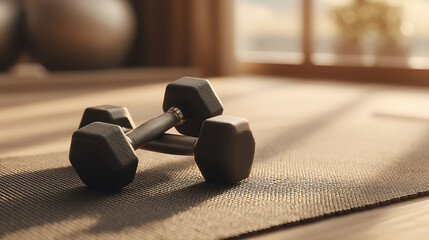 Black Dumbbells on Yoga Mat on Wooden Floor Promoting Strength Training and Physical Activity