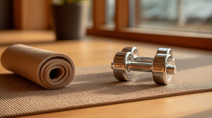 Dumbbells and Yoga Mat on Wooden Floor in Bright Sunlight Promoting Fitness and Healthy Lifestyle