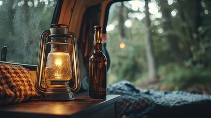 A beer bottle with vintage lantern light inside a camper van