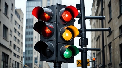 City traffic lights at urban intersection showing red, yellow, and green signals together on overcast day. Infrastructure concept

