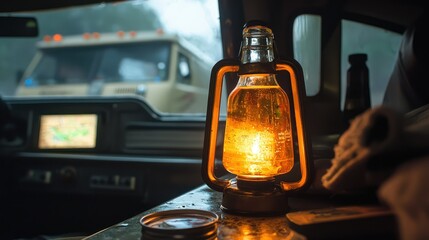 A beer bottle with vintage lantern light inside a camper van