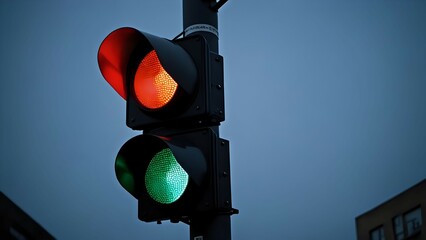 City traffic signal displaying both red and green lights simultaneously against dark urban sky in moody street setting. Transportation concept
