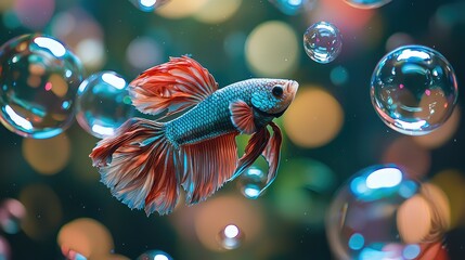 A betta fish flaring its fins inside a floating bubble world