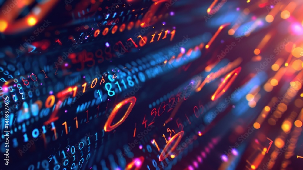Poster a captivating abstract background featuring a vibrant data stream with colorful numbers and glowing 