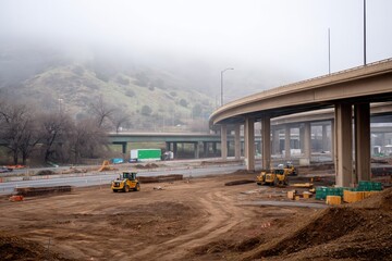 Construction Site Near Highway with Heavy Machinery in Foggy Weather