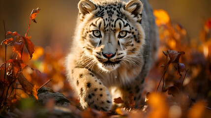 Obraz premium Snow Leopard in Autumn Forest