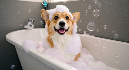 A corgi in a bubbly bath