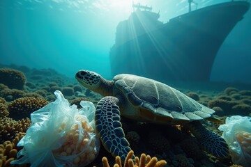 Obraz premium Sea Turtle and Plastic Pollution: A sea turtle swims near a shipwreck, surrounded by plastic waste in the ocean. The image highlights the issue of marine pollution and its impact on wildlife.