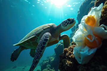 Fototapeta premium Ocean's silent plight: A serene turtle glides through a sun-dappled sea, juxtaposed by the stark contrast of a floating plastic bag.