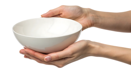 Woman's hands holding a white ceramic bowl on transparent background