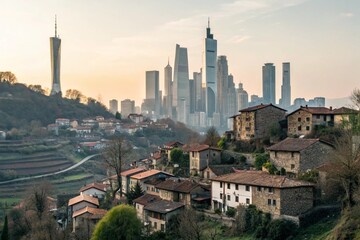 Obraz premium Village to Futuristic City Urban Transformation Skyline