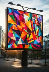 A billboard ad with a colorful, layered design that incorporates 3D elements to create visual depth and spark interest from viewers. Stock