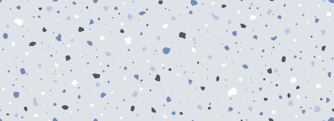 Grey blue Terrazzo seamless pattern. Repeated granite stone texture. Color Italian mosaic surface design for paving, floor tile swatch, decoration. Vector repeated Venetian marble background concept