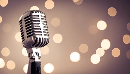 Vintage Microphone with Bokeh Lights with Classic Sound, and Studio Recording Concept.