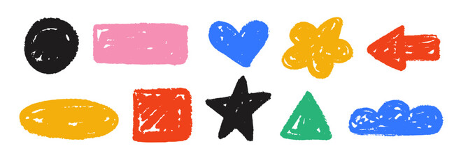 Colorful hand drawn crayon shape set. Bright charcoal geometric doodle collection. Childish sketch cloud, arrow, star, heart elements. Vector pastel pencil texture form pack for sticker, patch, badge