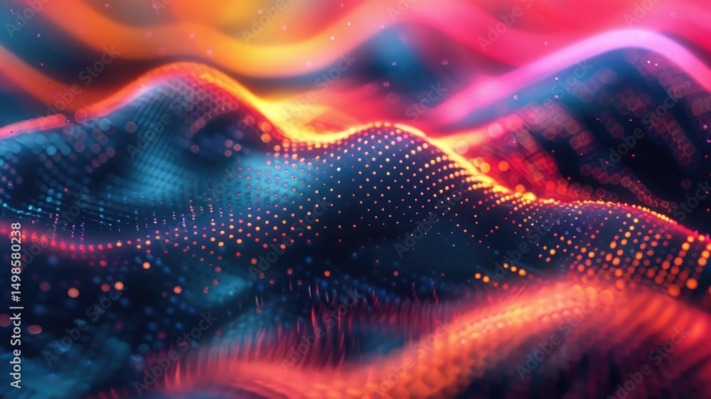 Poster abstract picture micro light sparkling particle represent data flow vivid flowing wave with high tec