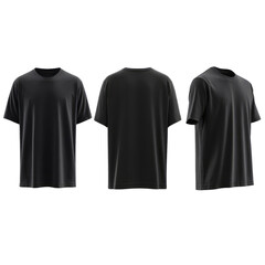 Set of Black Round Neck T-Shirts Showing Front Back and Side Views Isolated on Transparent Background

