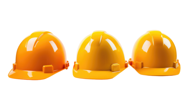 Set Collection of Fireman and Hard Safety Helmets in Orange and Yellow Isolated on Transparent Background


