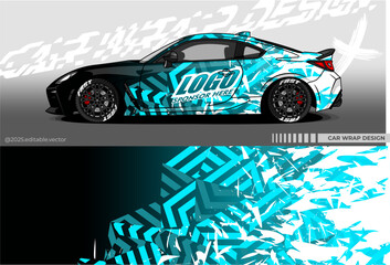 Illustration vector grahic of Car wrap decal with abstract geometry design. Black, Blue, white colour. Livery car editable. Mockup template sticker vinyl for racing, drift, rally, or daily use