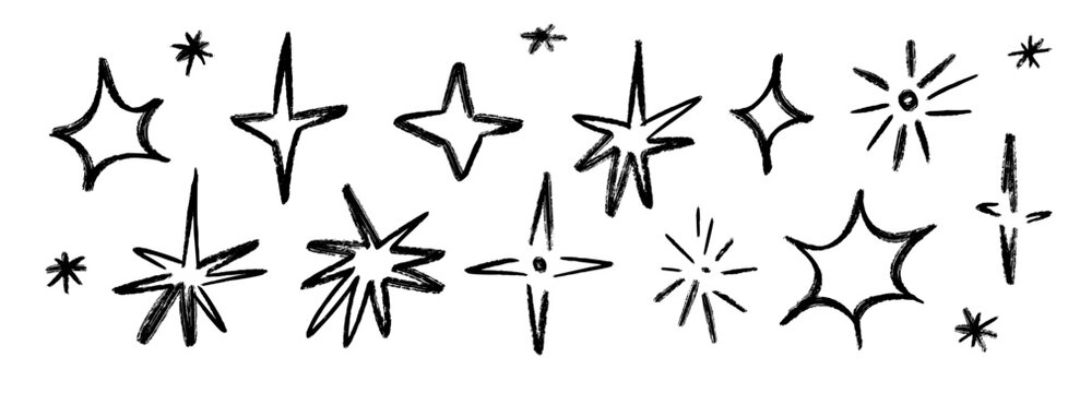 Black crayon hand drawn stars set. Childish doodled sparks and sparkles collection. Grunge rough brush stroke shine element pack for collage, poster, sticker. Kid sketched wax pencil symbols. Vector