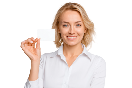 Smiling caucasian female adult holding blank card in white shirt, cut out - Powered by Adobe