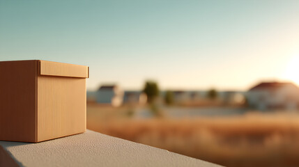 A single cardboard box sits on a ledge overlooking a suburban neighborhood at sunset, perfect for illustrating relocation, delivery or moving