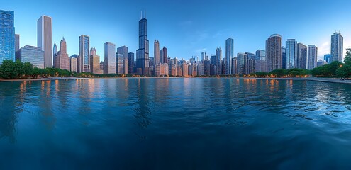 Fototapeta premium Panoramic view of chicago skyline across lake michigan at dusk