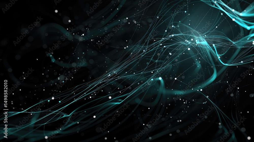 Poster abstract picture of turquoise particle with sparkle atom style design connect and flow show energy d