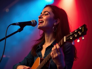 Obraz premium A talented woman performs heartfelt songs at a lively karaoke club, engaging the audience with her emotional delivery and vibrant atmosphere.