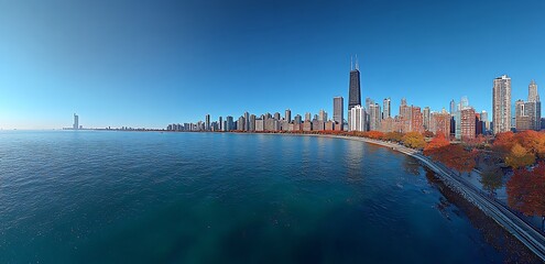 Fototapeta premium Panoramic view of chicago skyline with lake michigan and autumnal trees on a sunny day
