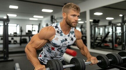 Muscular man performing dumbbell rows in a modern gym.  He's focused and has toned arms and shoulders