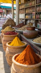 Colorful spices fill many containers at the market, ready to be sold in the bright daylight.