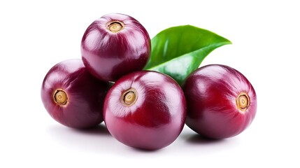 Pile of Four Ripe Coffee Cherries with Green Leaf on White Background Closeup View