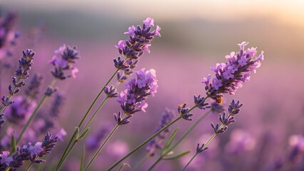 Fototapeta premium Purple lavender flowers bloom in a large field at sunset and sunlight softly shines over them in this natural outdoor scenery.