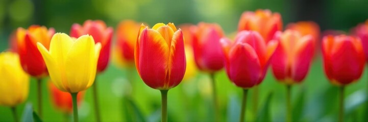 Close-up of colorful tulips pushing through vibrant green grass , garden, tulip