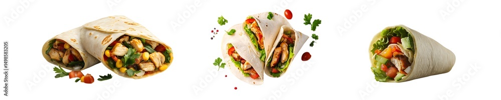 Poster set of assorted wraps displayed on a surface. isolated on transparent background
