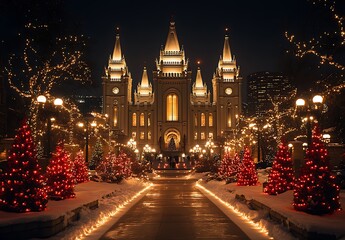 Fototapeta premium Illuminated temple and christmas trees displayed beautifully during a festive night time celebration