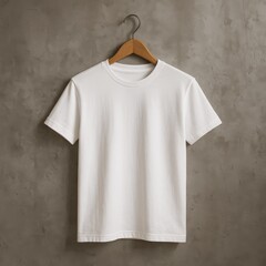 Plain white t-shirt on wooden hanger — hanging against a neutral concrete wall — minimalist studio setup ideal for apparel mockups or branding displays.







