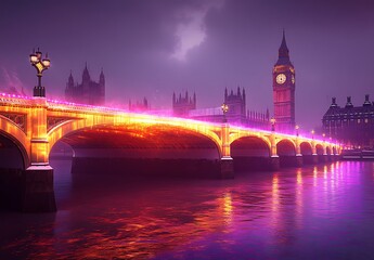 Illuminated westminster bridge and big ben at twilight in a vivid and dreamy atmosphere