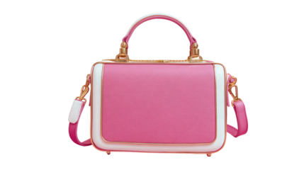 Pink Handbag with White and Gold Accents Isolated on Transparent Background

