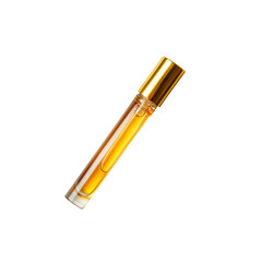 Elegant Amber Perfume Roller Bottle with Gold Cap on Black Background