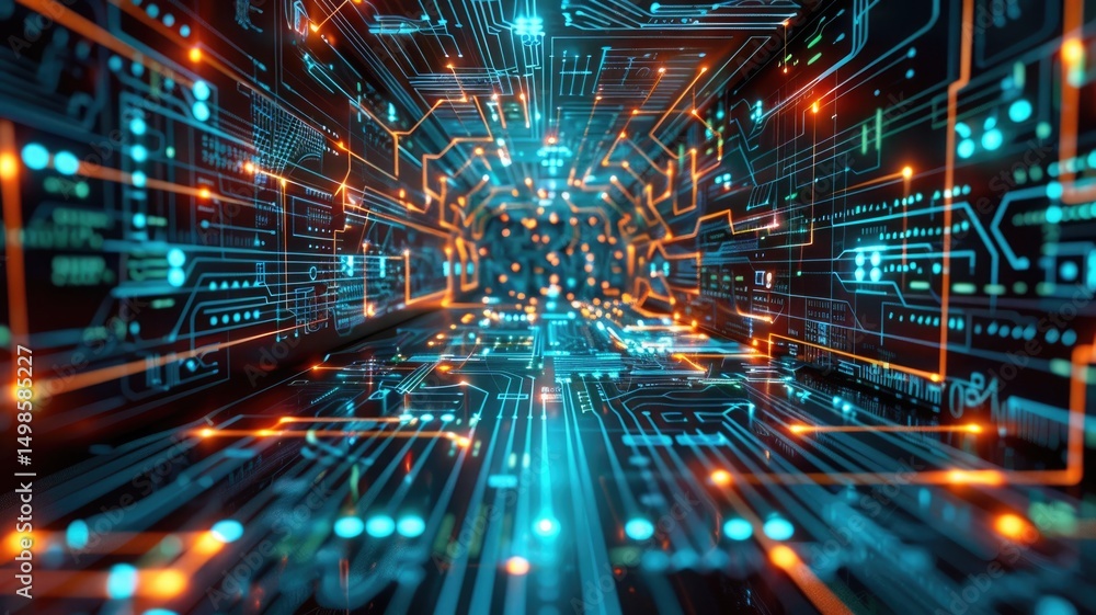 Poster abstract picture of neon light particle glow with digital technology style design connecting become 
