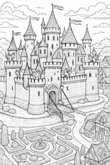 Medieval Castle and Garden &ndash; Coloring Page