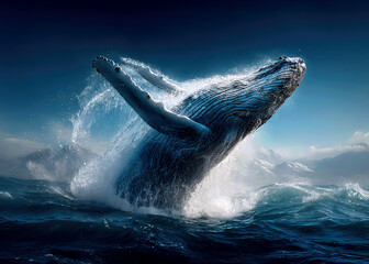 Fototapeta premium A magnificent humpback whale bursts into the air, water cascading off its body as it performs an awe-inspiring breach. Pure beauty and harmony define this moment.